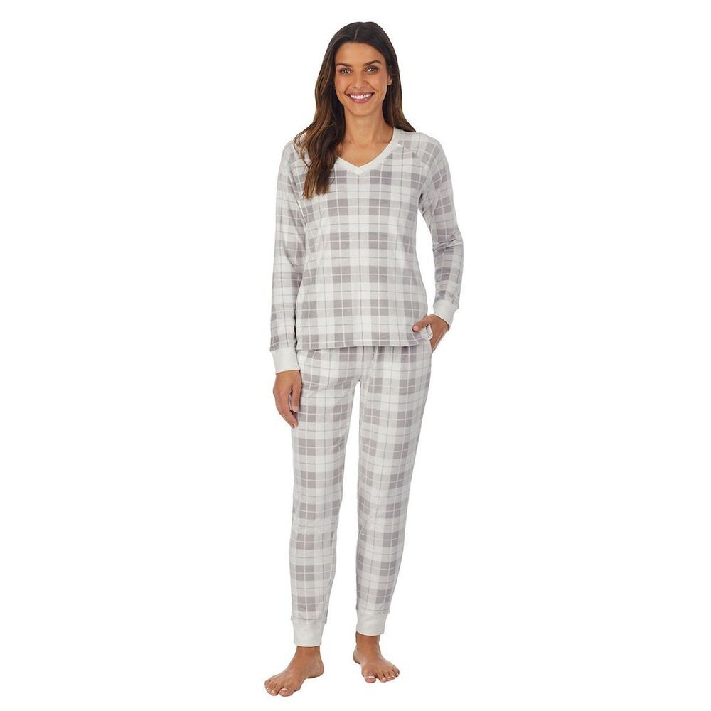 Cuddl Duds Velour Pajama Lounge Set Top Pants Plush White Gray Plaid Pockets XXL